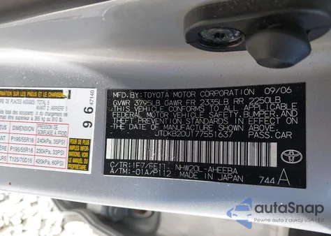 2007 Toyota Prius Touring z USA, uszkodzony, nr VIN JTDKB20U177551637